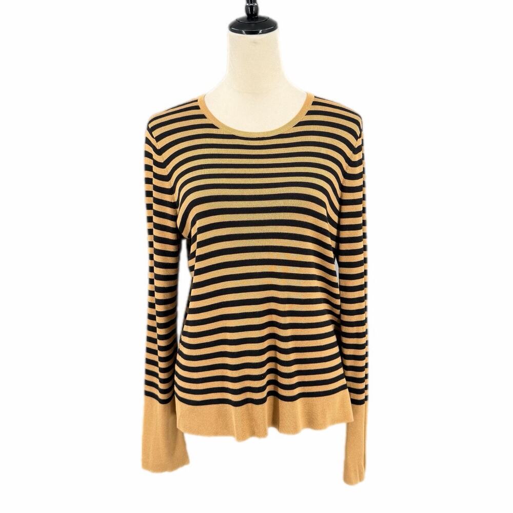 Eileen Fisher Neutral Black Tan Striped Knit Crewneck Cabincore Nautical Sweater